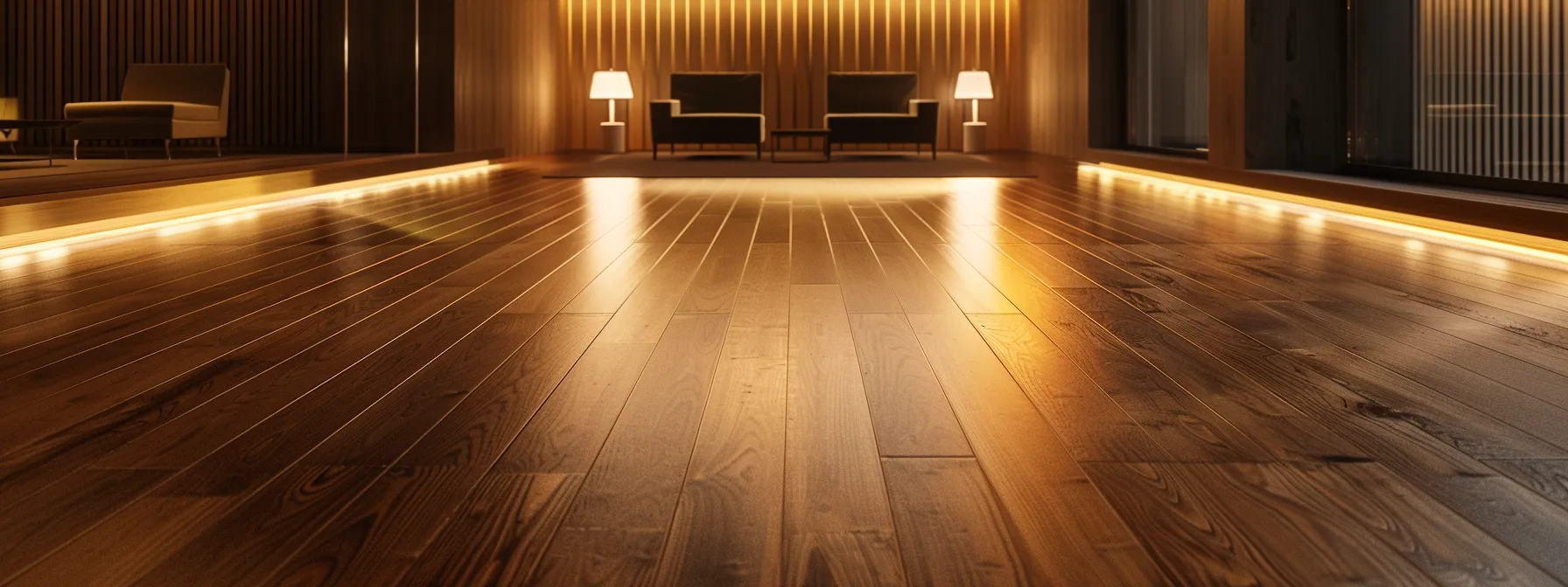 a beautifully polished wooden floor gleams under soft, warm ambient lighting, showcasing its rich, natural grain and inviting elegance in a spacious, minimalistic room.