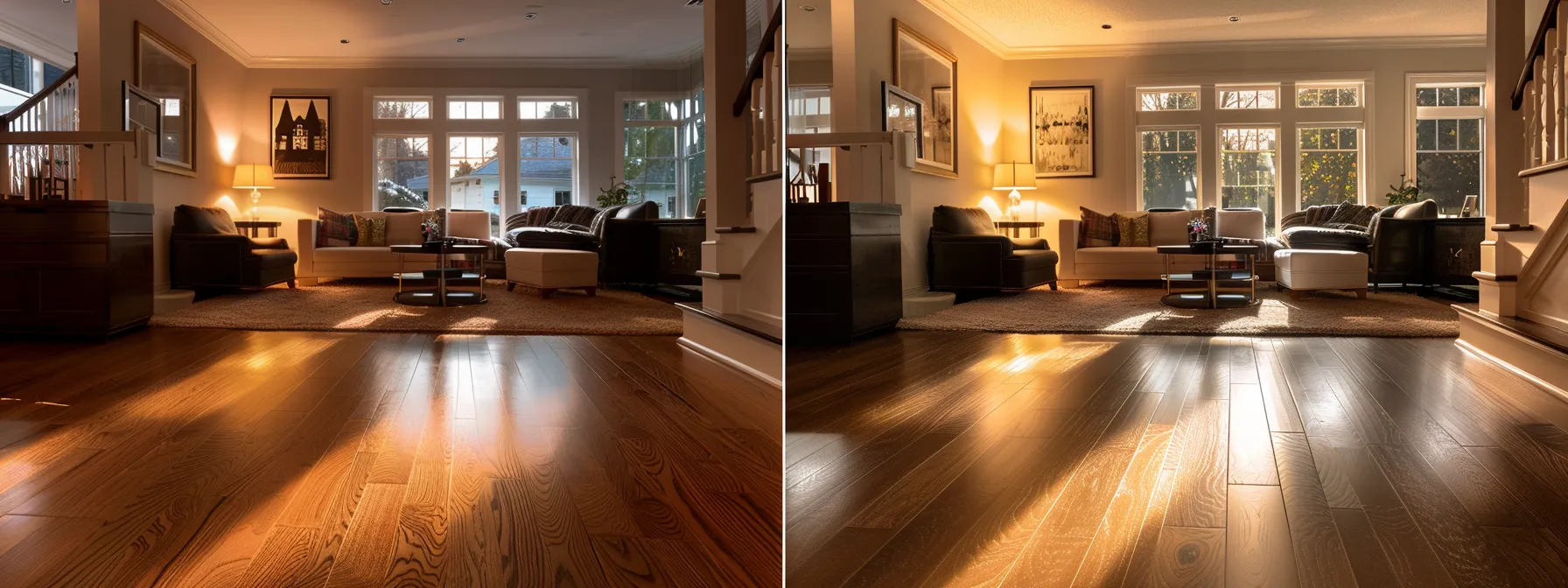 a beautifully refinished hardwood floor glistens under warm, ambient lighting, showcasing its rich grain and smooth finish, exuding elegance and professional craftsmanship in a cozy, inviting living space.