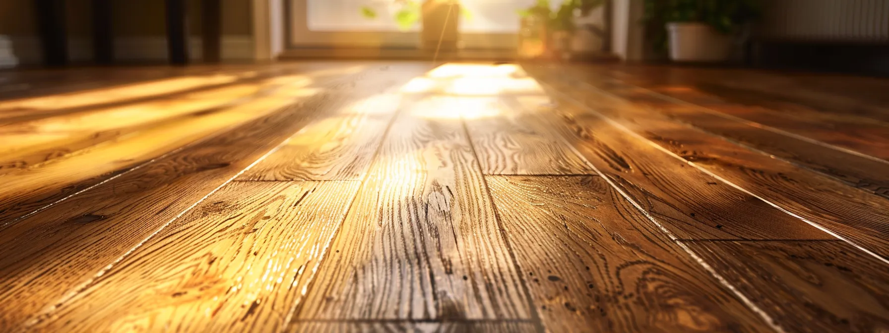 a beautifully restored hardwood floor glows in warm, natural light, showcasing the rich grains and smooth finish, inviting viewers to appreciate the meticulous refinishing process.