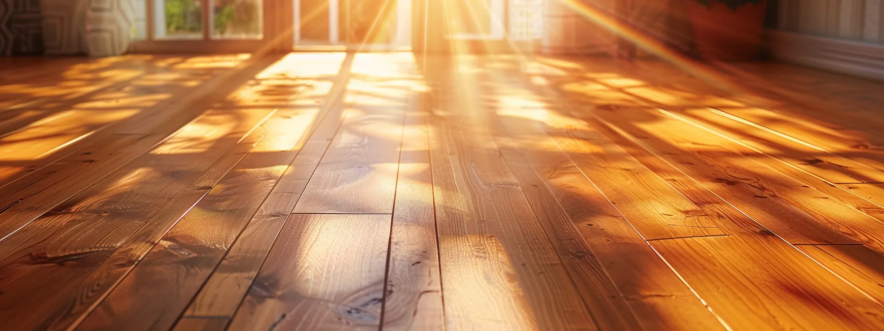 a beautifully restored hardwood floor gleams under soft, natural light, showcasing a flawless finish that emphasizes the rich, warm tones and intricate grain patterns of the wood.