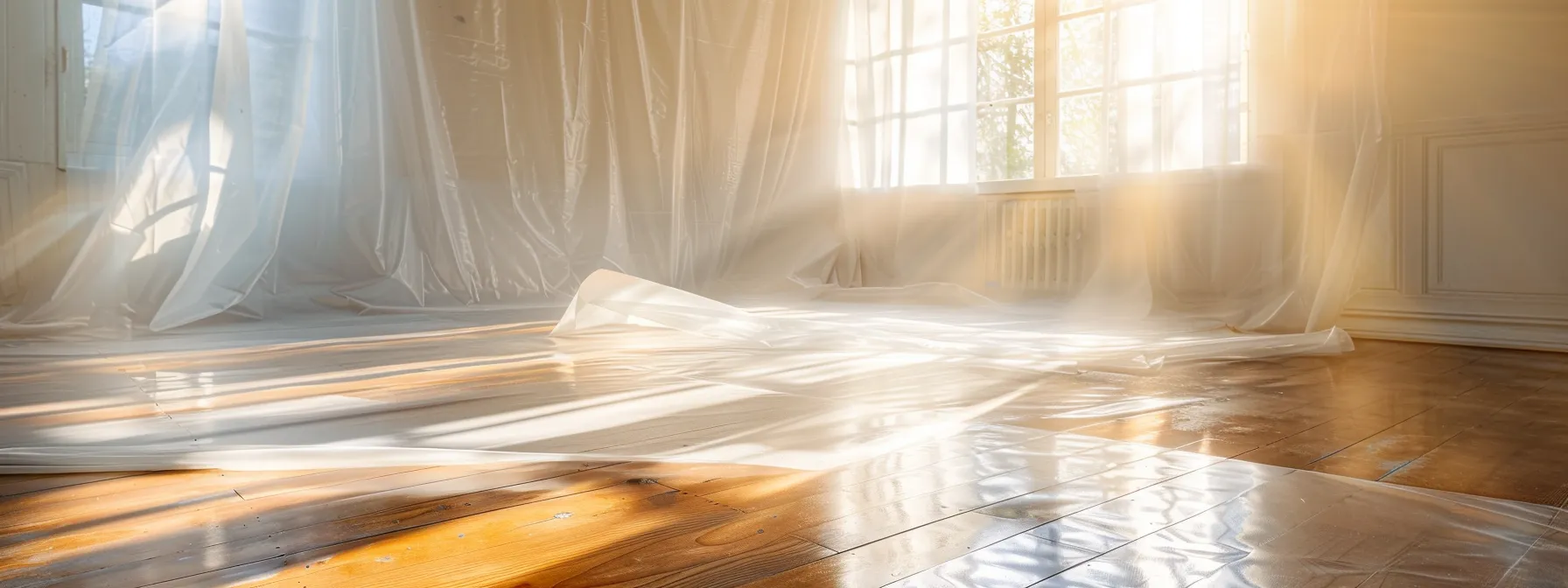 a pristine, sunlit room with polished wood floors, devoid of furniture, accentuated by protective plastic sheeting over vents and openings, exemplifying a meticulous preparation for refinishing.