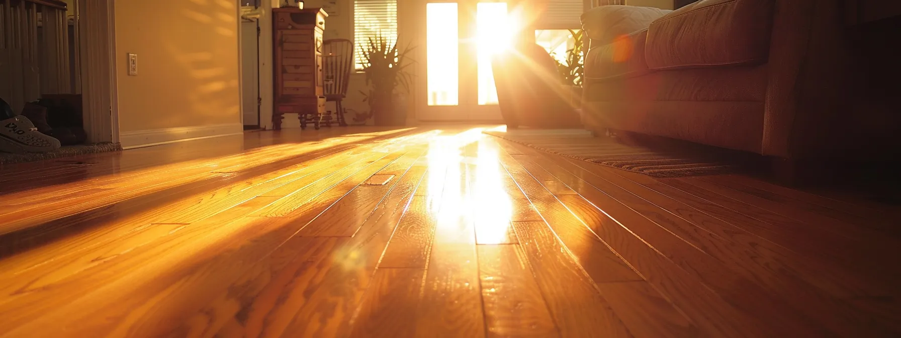 a radiant, freshly refinished maple hardwood floor gleams under soft, warm lighting, showcasing its rich grain and smooth surface, inviting viewers to envision the transformative beauty of a home improvement project.