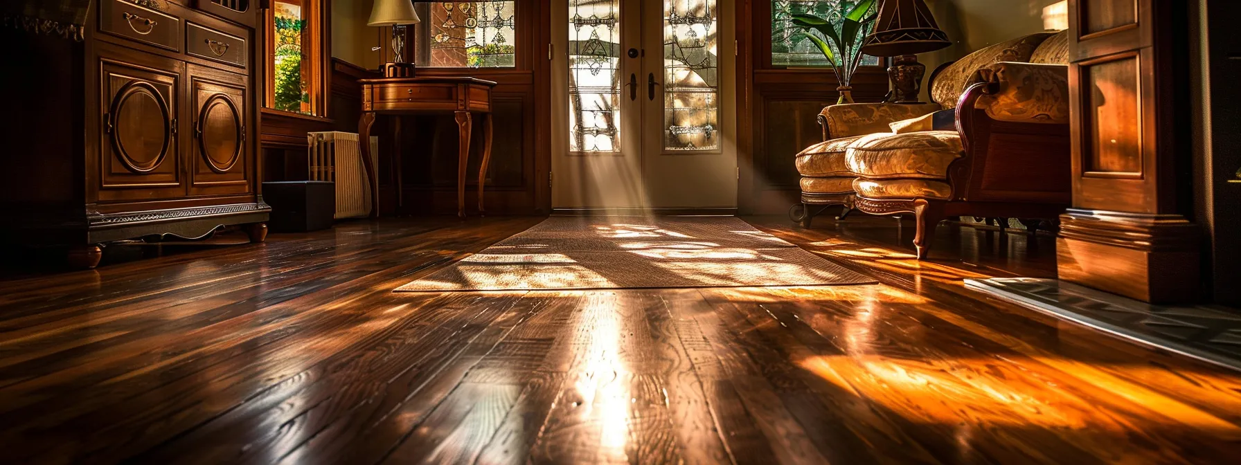 a stunning hardwood floor, gleaming under soft natural light, showcases a rich, warm finish, inviting viewers to explore the transformative beauty of refinishing.