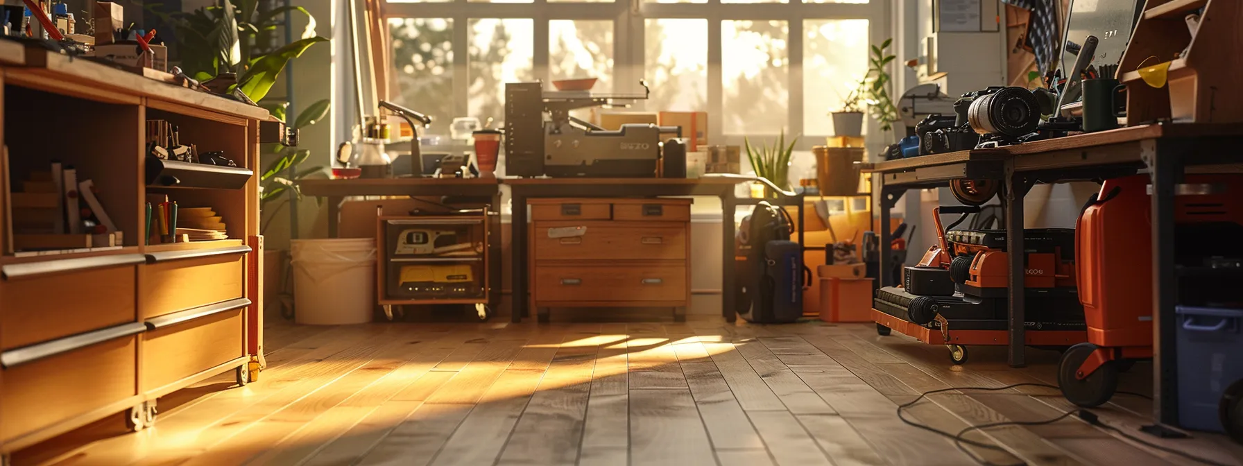 a well-organized workspace showcases an array of essential wood floor refinishing tools, including various sanders and safety gear, illuminated by warm, natural light filtering through a nearby window.