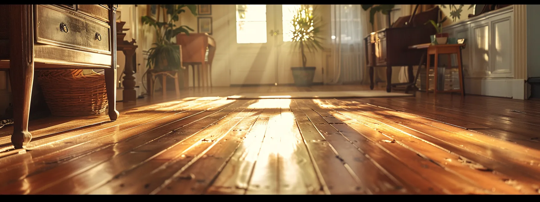 an enchanting interior scene showcasing gleaming hardwood floors reflecting warm sunlight, surrounded by carefully arranged furniture that demonstrates thoughtful maintenance and protection practices.