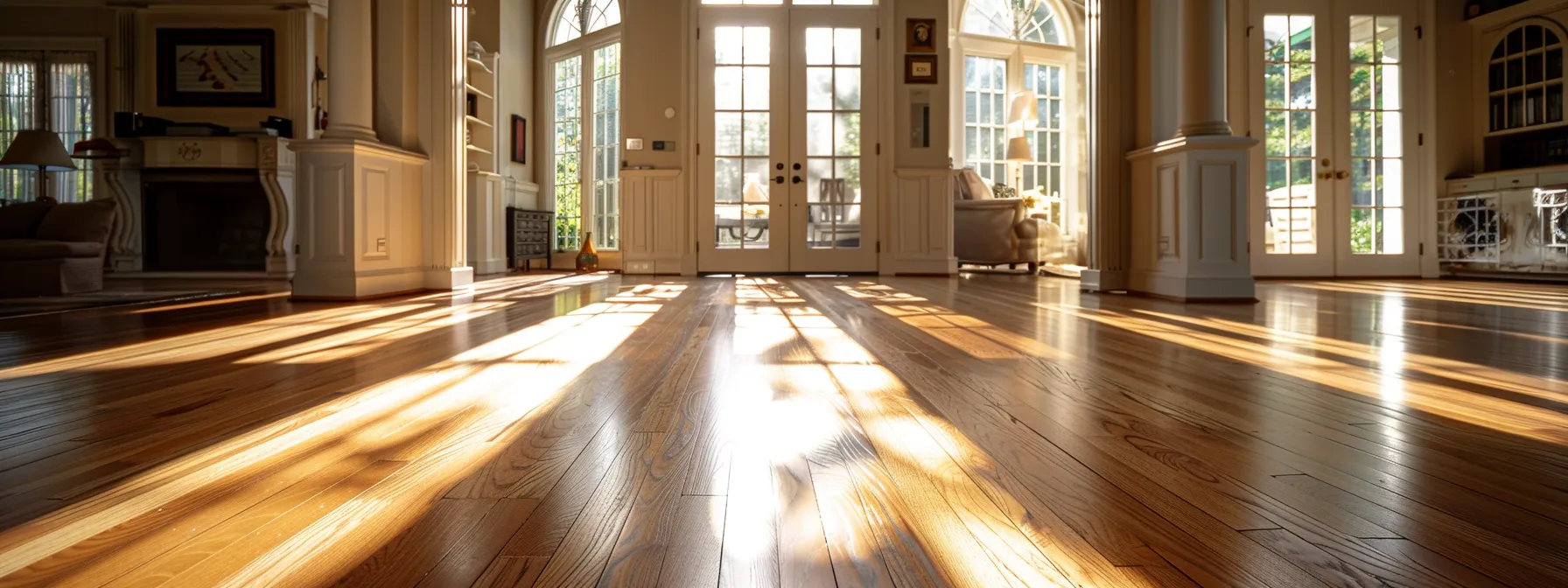 a beautifully refinished hardwood floor gleams under soft, natural light, showcasing a rich, even stain that highlights the wood's grain and evokes a sense of sophistication in a serene living space.