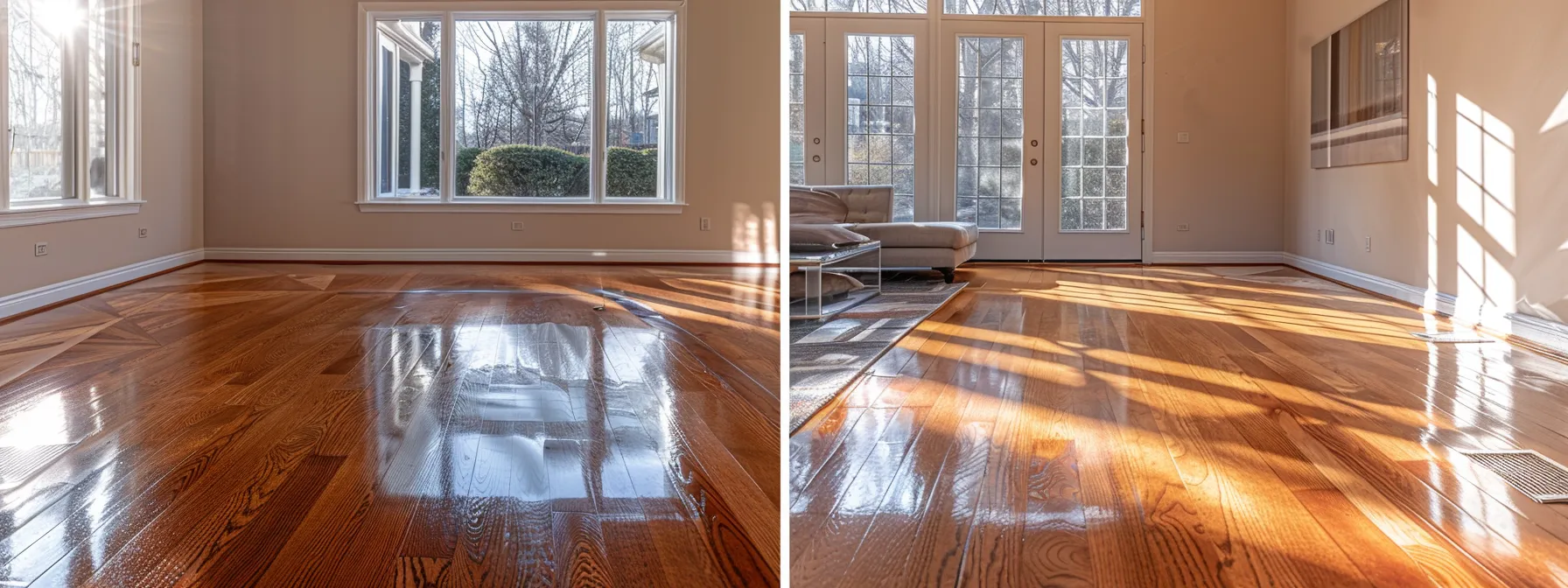 a beautifully transformed living room showcases gleaming hardwood floors, bathed in warm, natural light, reflecting the stunning before-and-after results of a professional refinishing service.