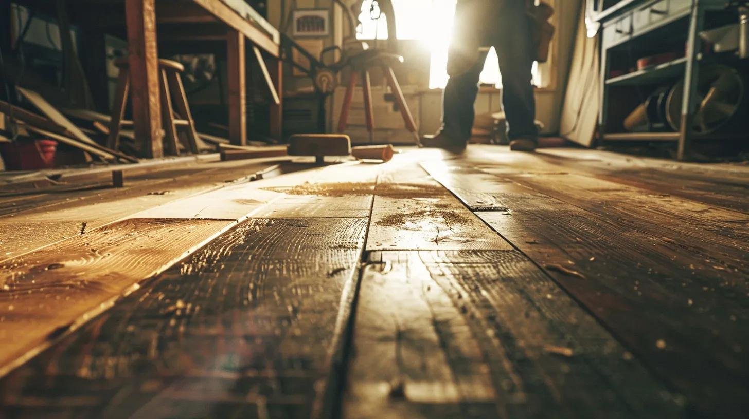 a focused and well-lit workshop scene showcases a seasoned woodworker inspecting the intricate grain patterns and condition of a hardwood floor section, highlighting deep scratches and overall texture against a backdrop of sanding tools and equipment.