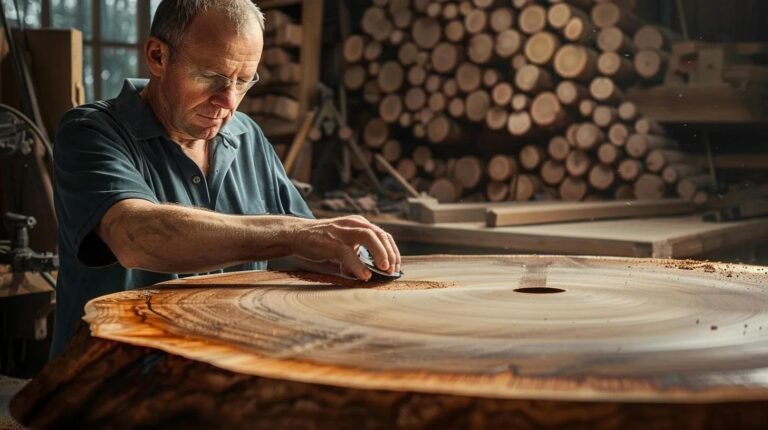 a focused craftsman is expertly sanding a richly grained wood surface in a well-lit workshop, showcasing the meticulous technique and precision essential for achieving flawless clarity and smoothness in the material.