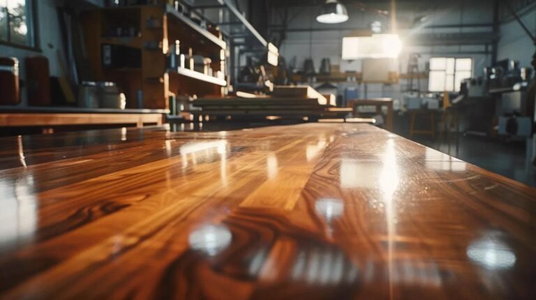 a polished wood surface glistens under focused studio lights, showcasing rich, intricate grain patterns enhanced by a high-sheen oil finish, with a selection of varnishes artfully arranged nearby, creating a professional atmosphere in a modern woodworking workshop.