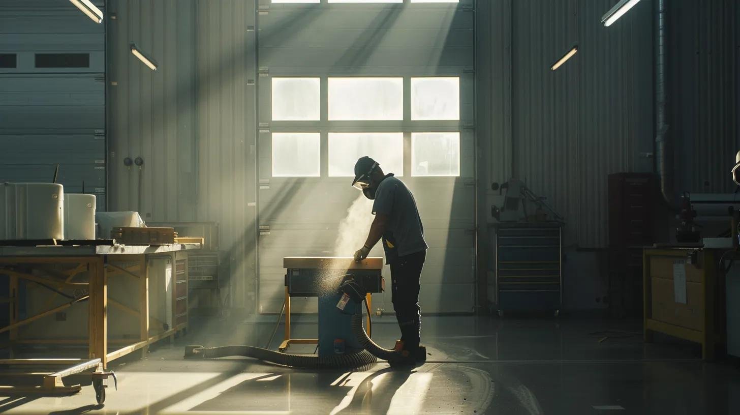 a well-lit, modern workshop featuring a worker in safety goggles and a dust mask, meticulously sanding a piece of wood with an efficient vacuum attachment, emphasizing a clean and safe environment.