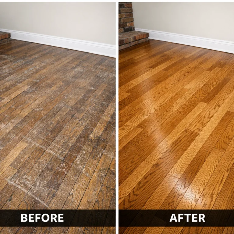 Professional Floor Buffing in Rockford, IL — Screen & Recoat Guide 1 Professional floor buffing results — before and after hardwood floor recoating in Rockford IL