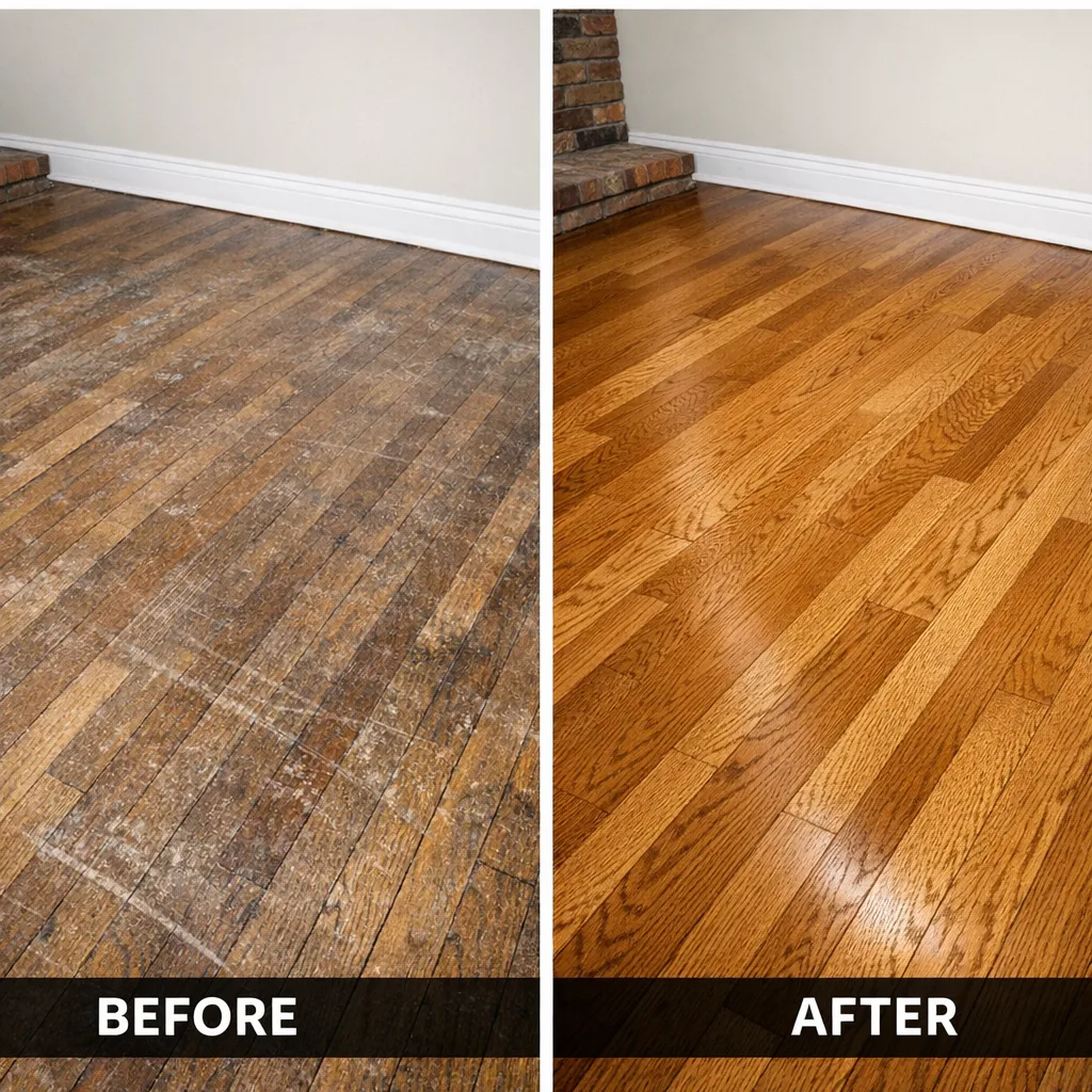 Before and after hardwood floor refinishing in Rockford, IL — dark custom stain