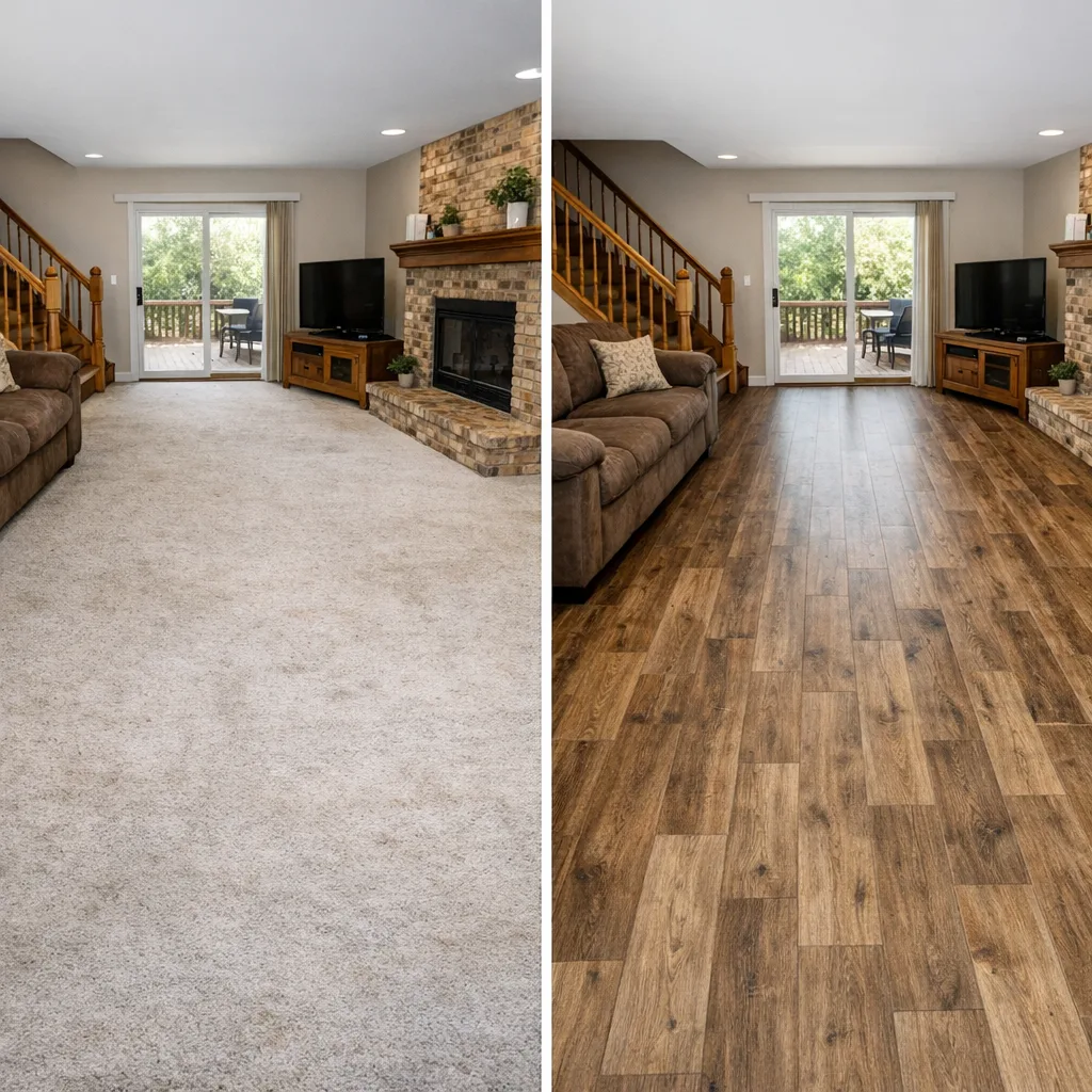 Before and after vinyl plank flooring installation — Rockford area home