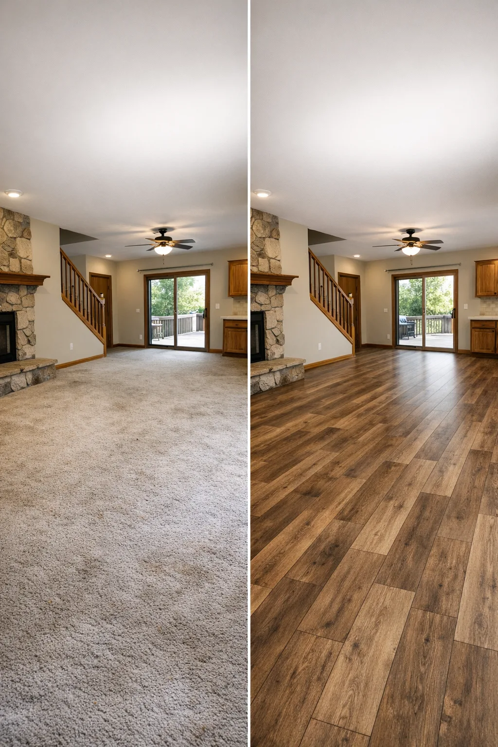 Living room flooring transformation — before and after luxury vinyl plank