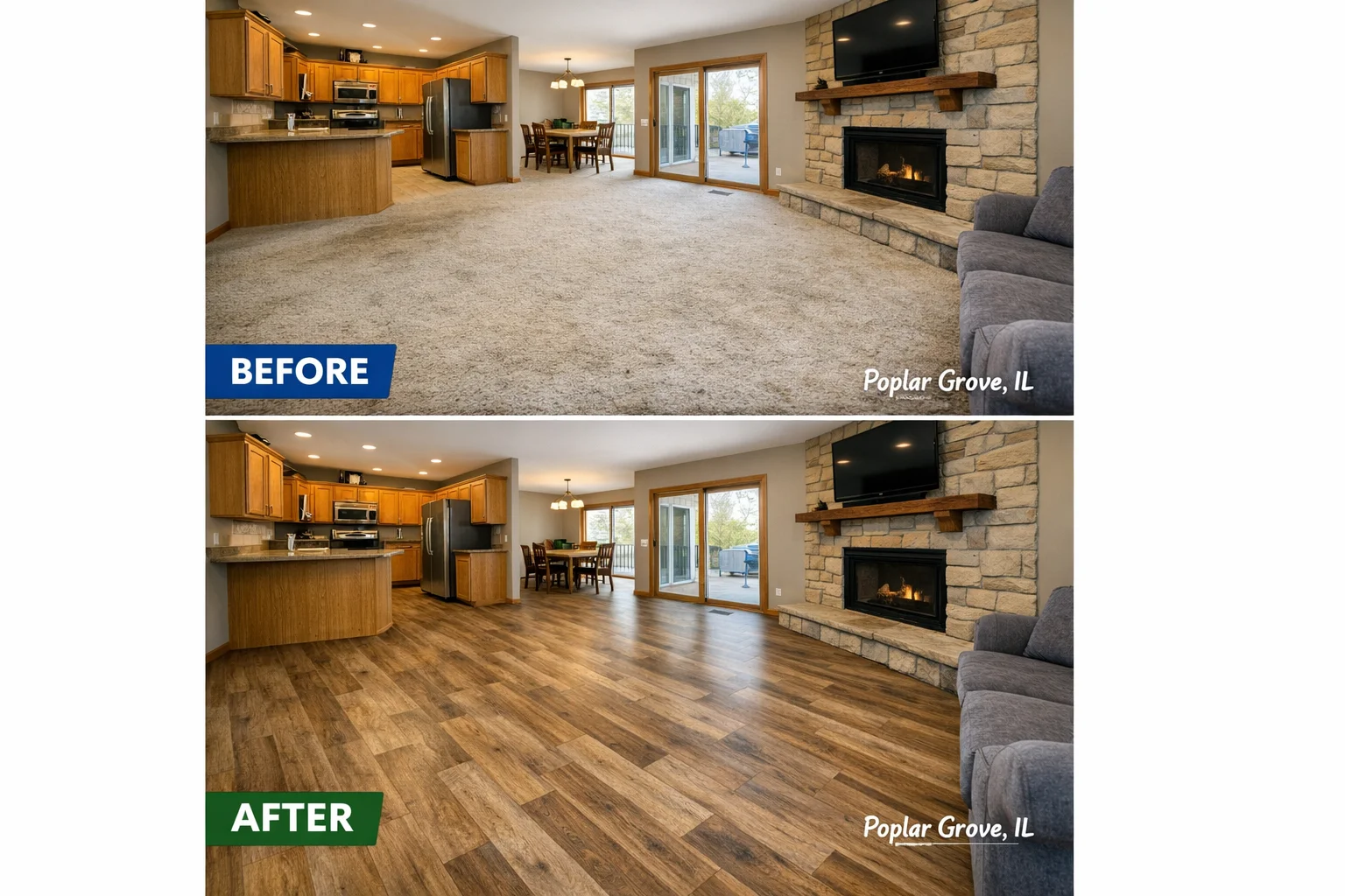 Before and after vinyl plank flooring installation
