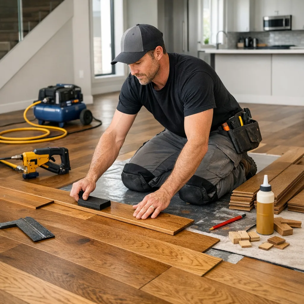 Ramos Wood Floors crew installing solid hardwood in a Rockford area home