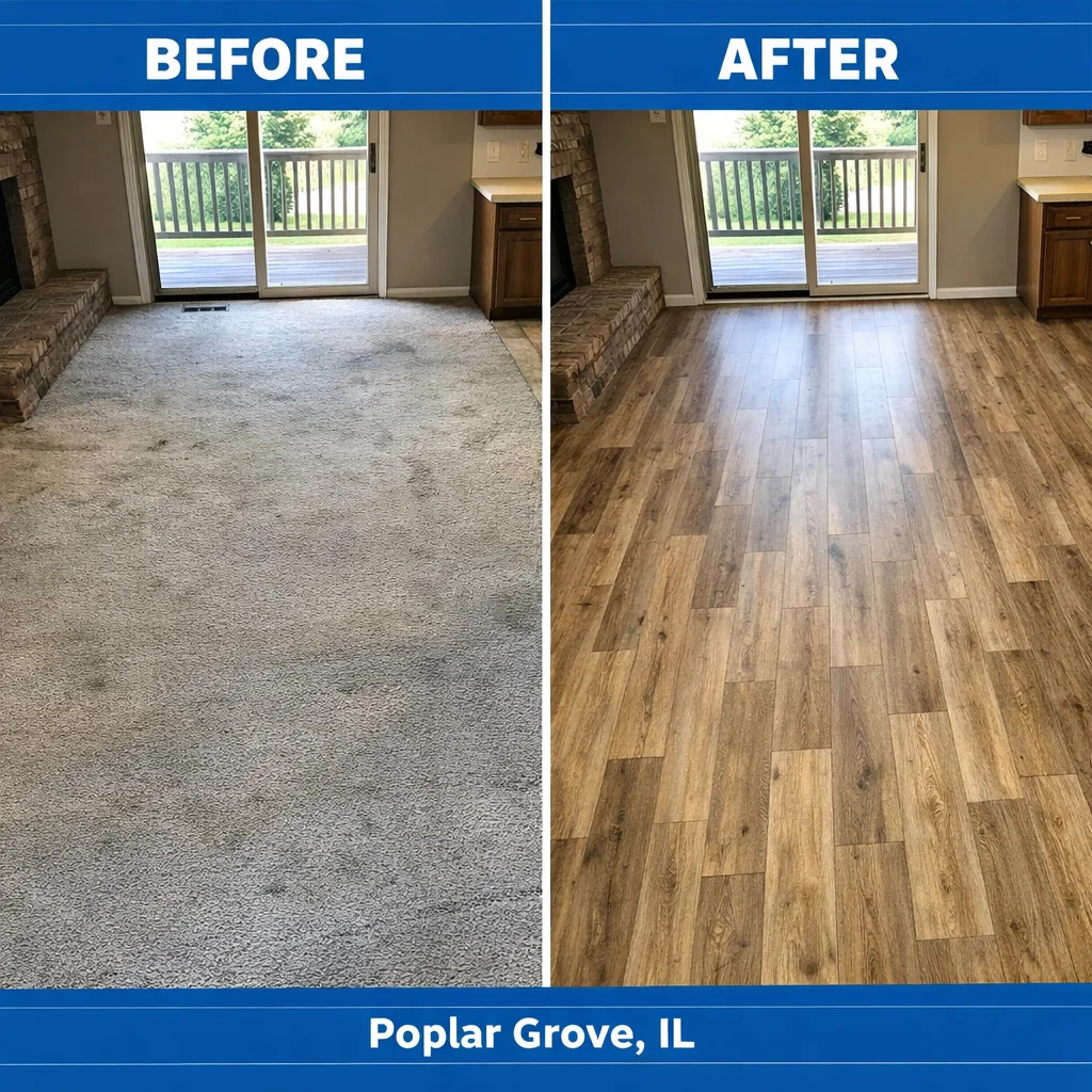 Living room flooring upgrade — vinyl plank before and after