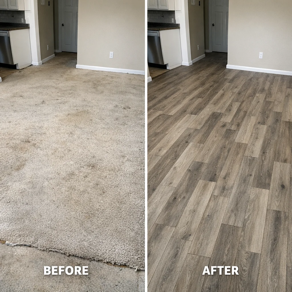 Before and after flooring renovation — hardwood to vinyl