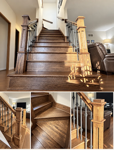 Full staircase rebuild in Roscoe IL with stained oak treads and metal balusters